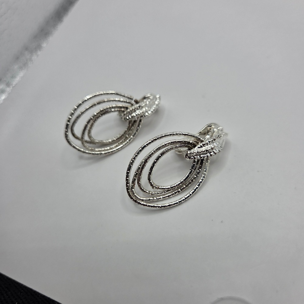 Vintage NWH Silver Tone Textured Triple Oval Hoop Clip On Earrings Geometric